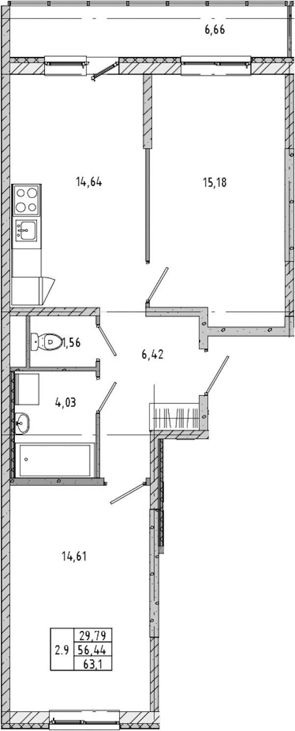 2-комнатная квартира 56.38 м², 6/12 эт., ЖК «Новые горизонты 2»